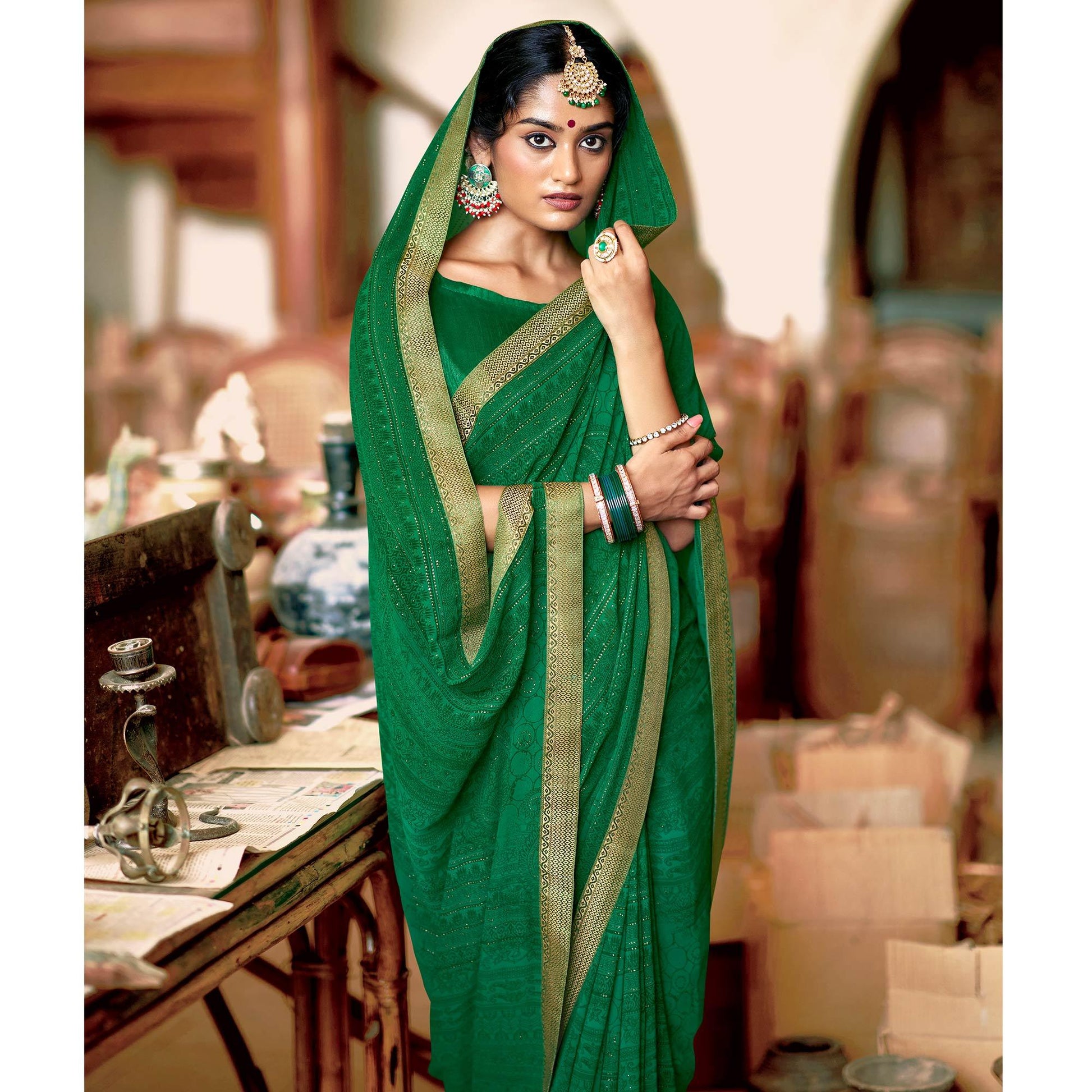 green-casual-wear-printed-with-fancy-lace-georgette-saree-126593