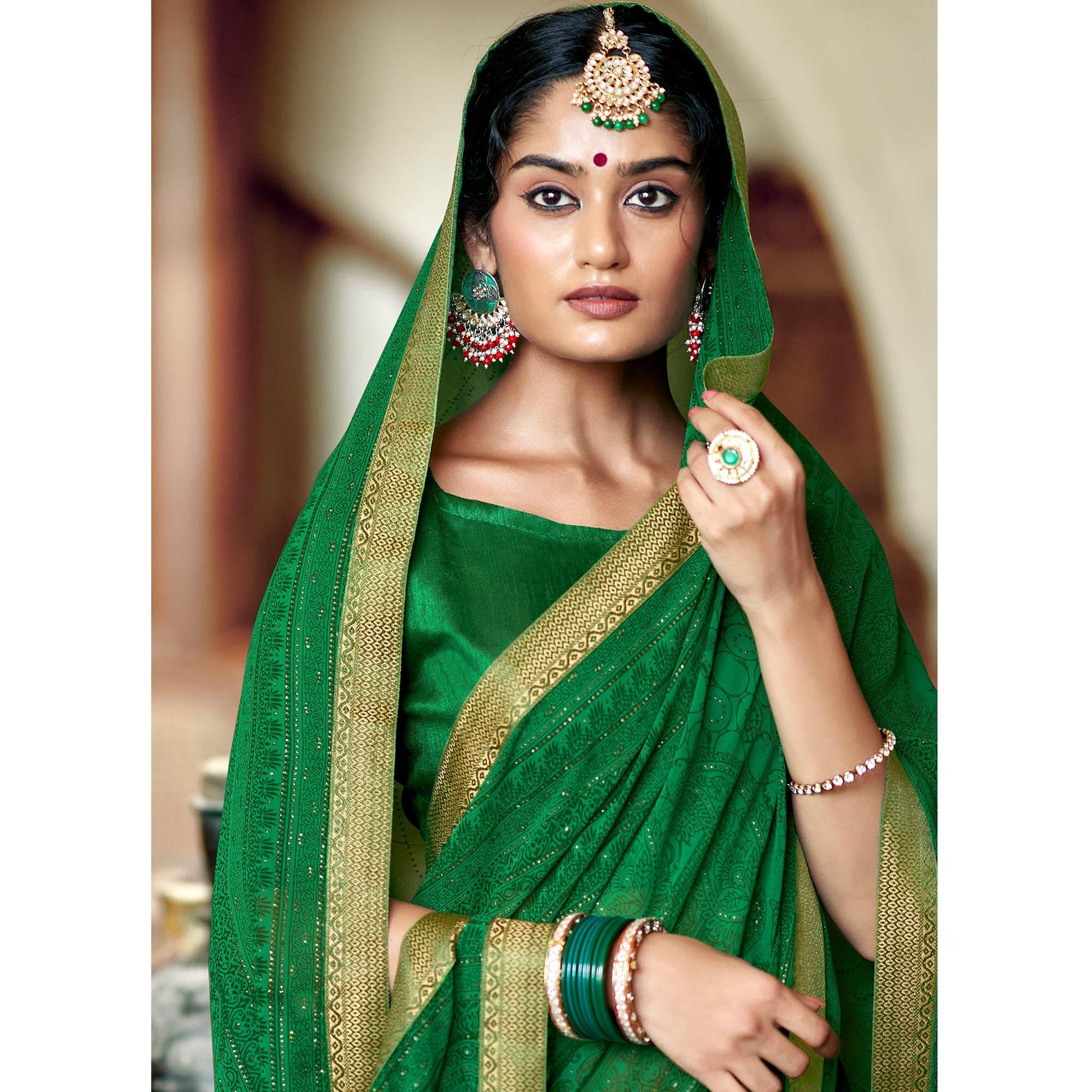 green-casual-wear-printed-with-fancy-lace-georgette-saree-126593
