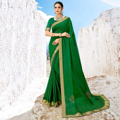 green-partywear-solid-and-woven-vichitra-silk-saree-108173