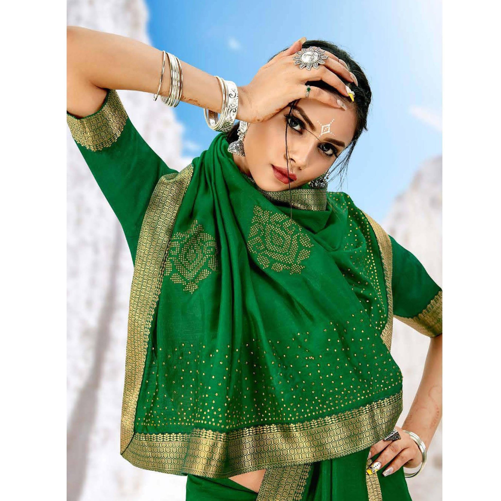 green-partywear-solid-and-woven-vichitra-silk-saree-108173