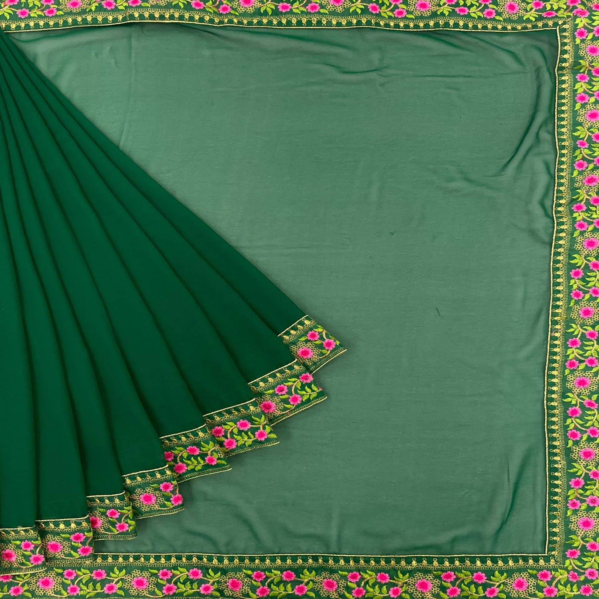 green-casual-wear-solid-with-lace-embroidery-georgette-saree-140777