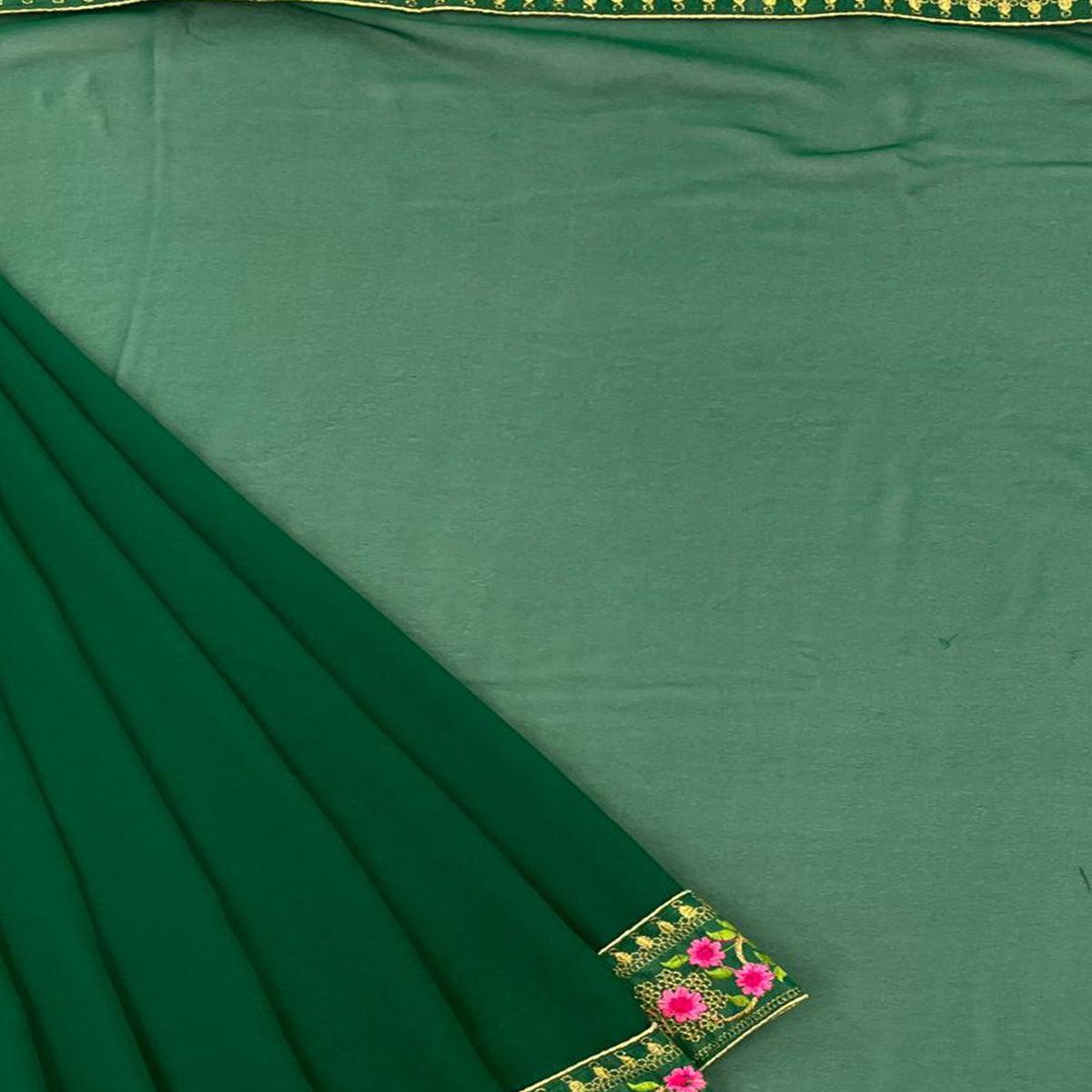 green-casual-wear-solid-with-lace-embroidery-georgette-saree-140777