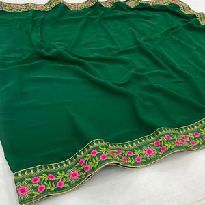 green-casual-wear-solid-with-lace-embroidery-georgette-saree-140777