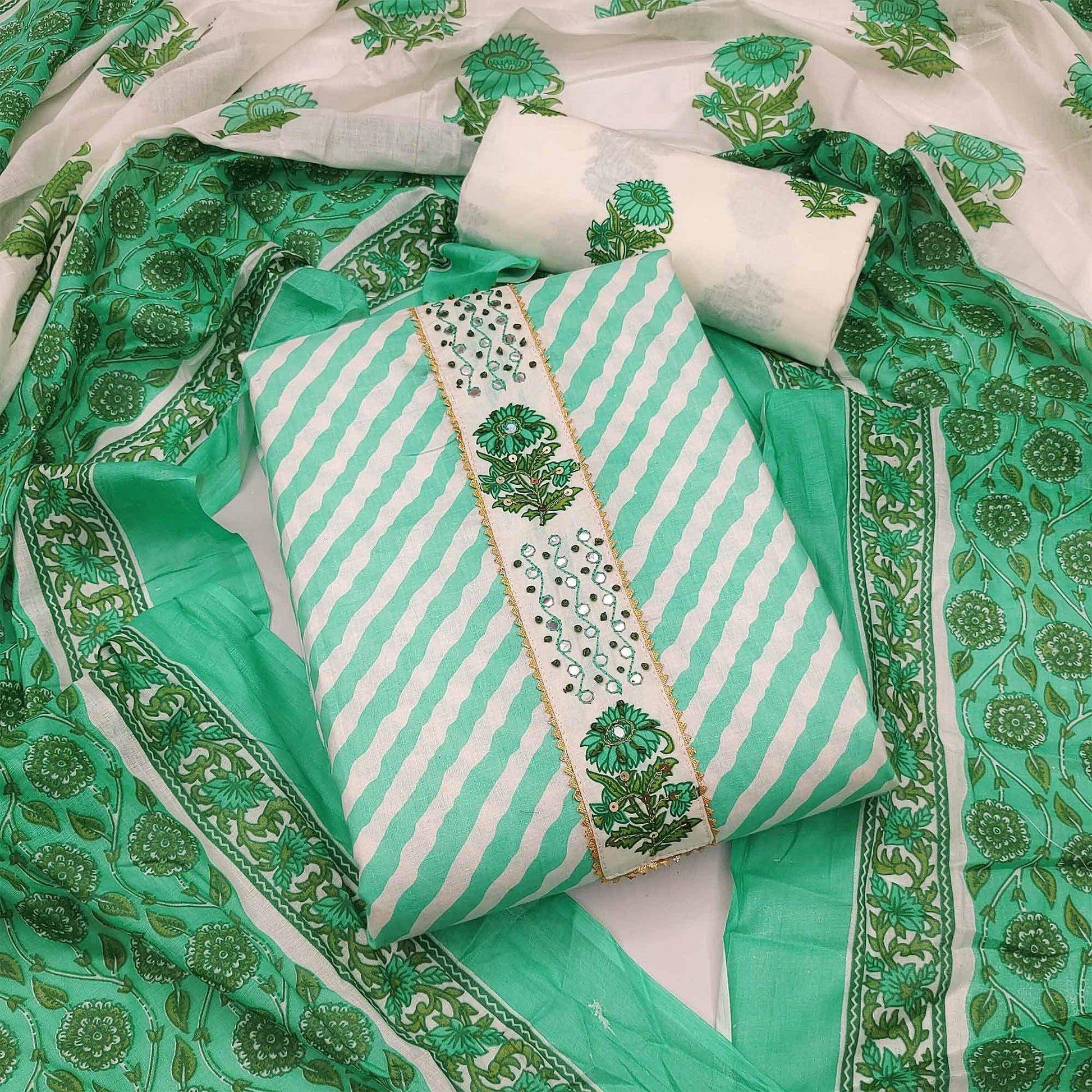green-casual-wear-stripe-printed-with-embellished-cotton-dress-material-142355