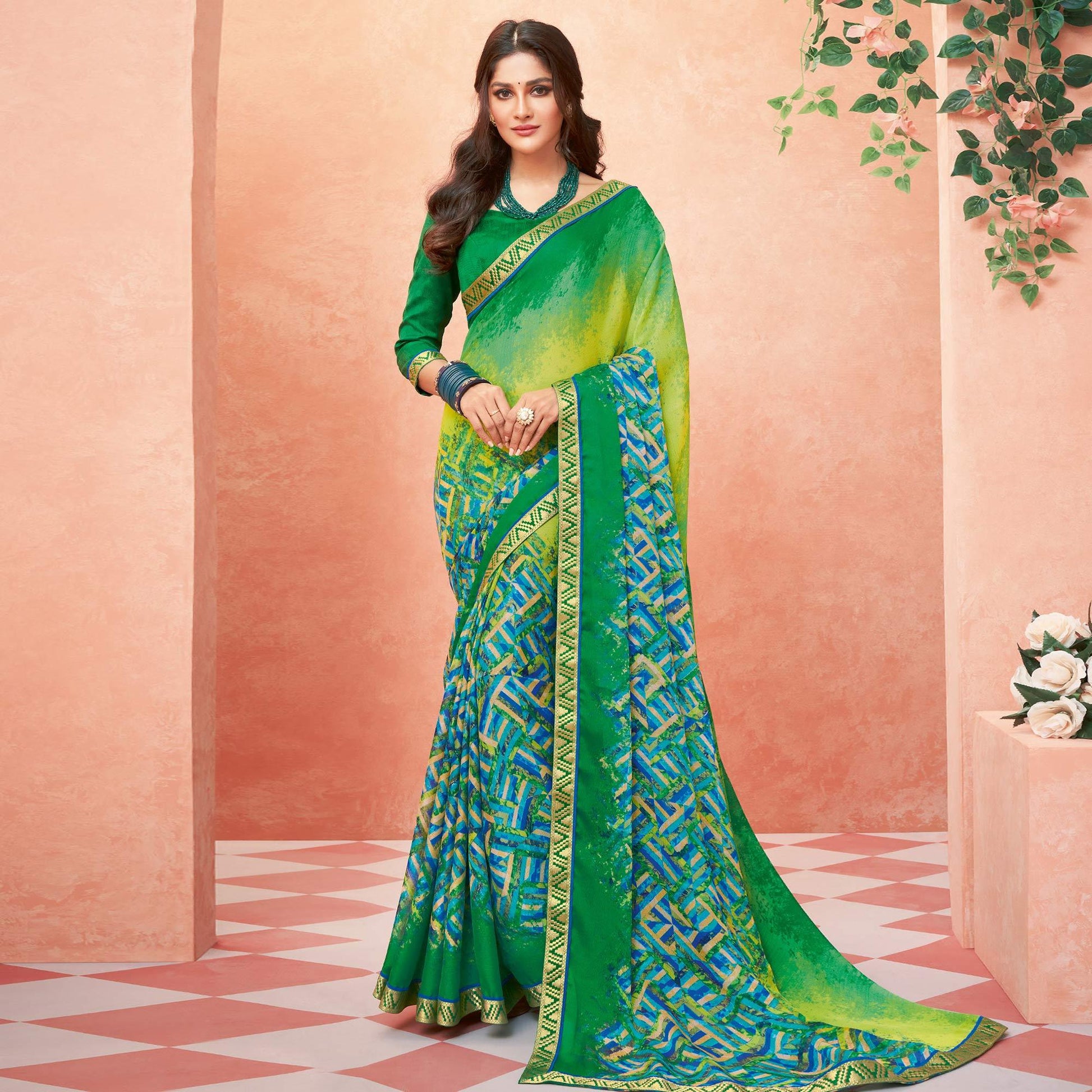 green-casual-wear-striped-printed-chiffon-banarsi-saree-with-banarasi-border-138339