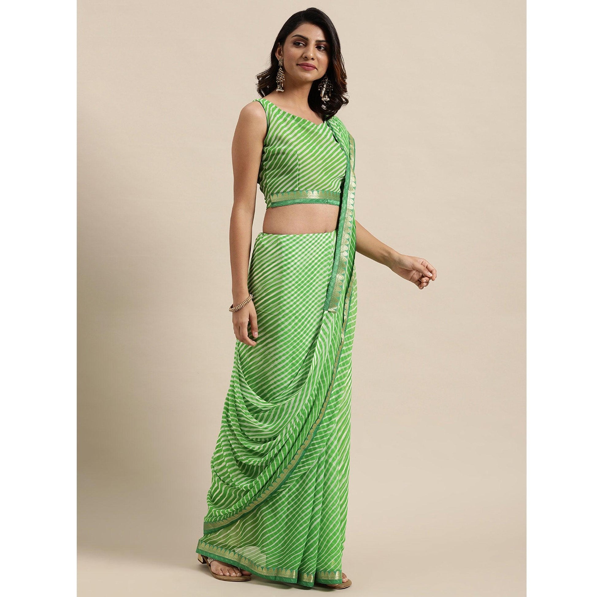 green-casual-wear-stripes-printed-georgette-saree-111224