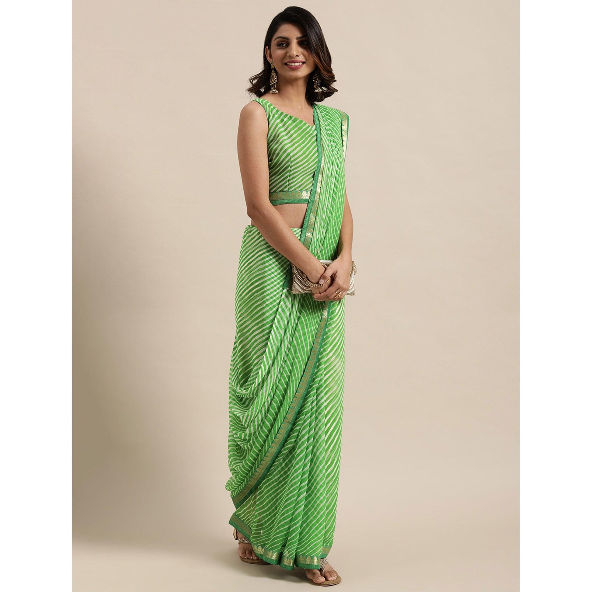 green-casual-wear-stripes-printed-georgette-saree-111224