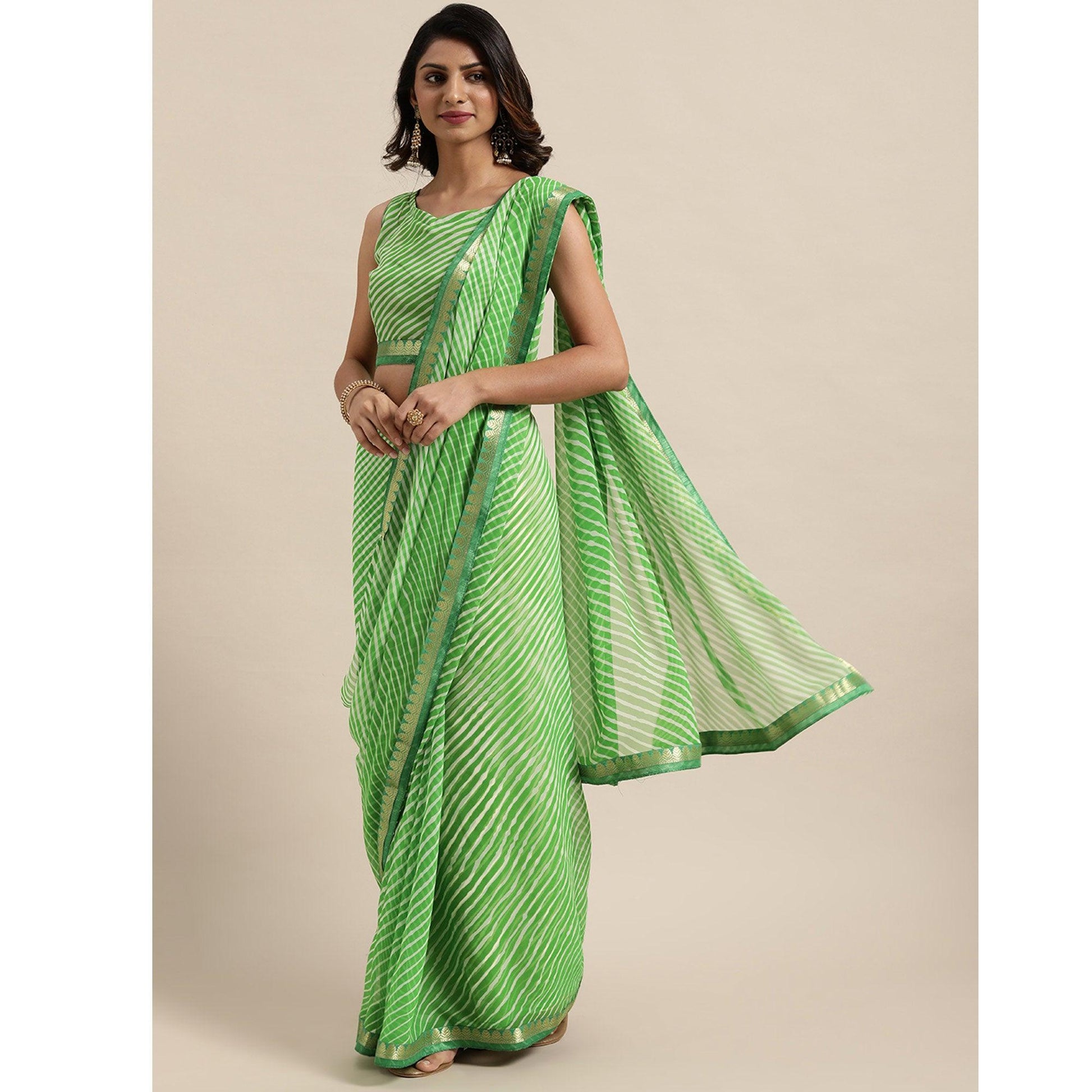 green-casual-wear-stripes-printed-georgette-saree-111224