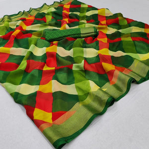 green-cheks-printed-chiffon-saree-143410