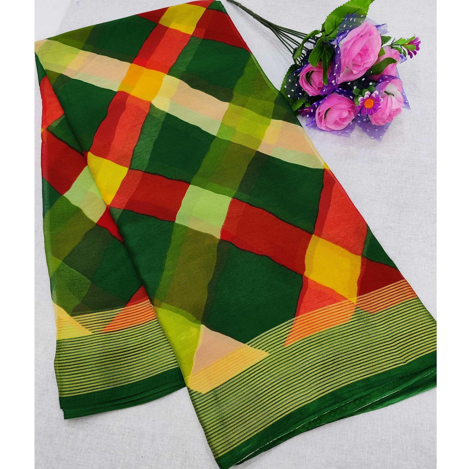 green-cheks-printed-chiffon-saree-143410