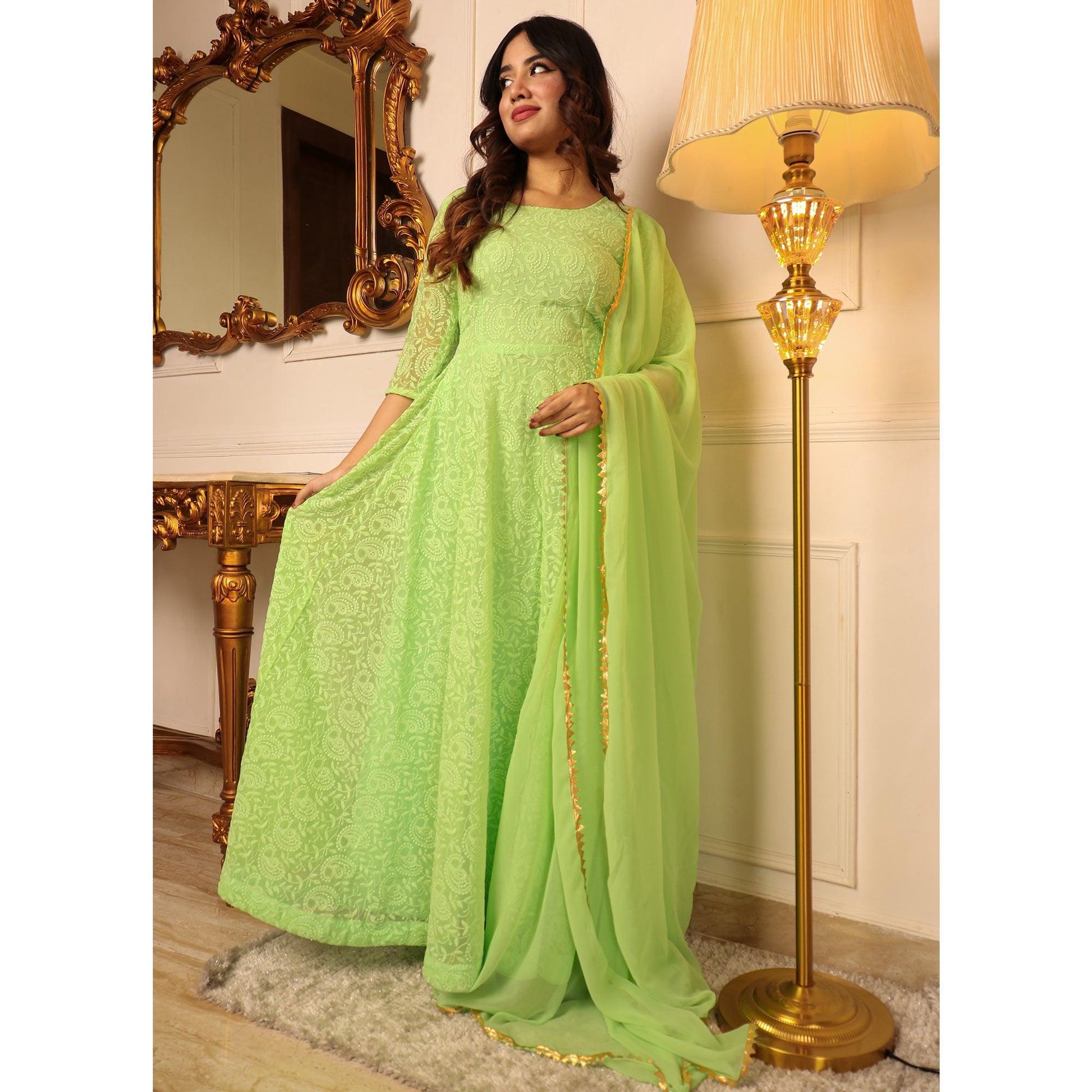 green-chikankari-work-georgette-gown-with-dupatta-144755