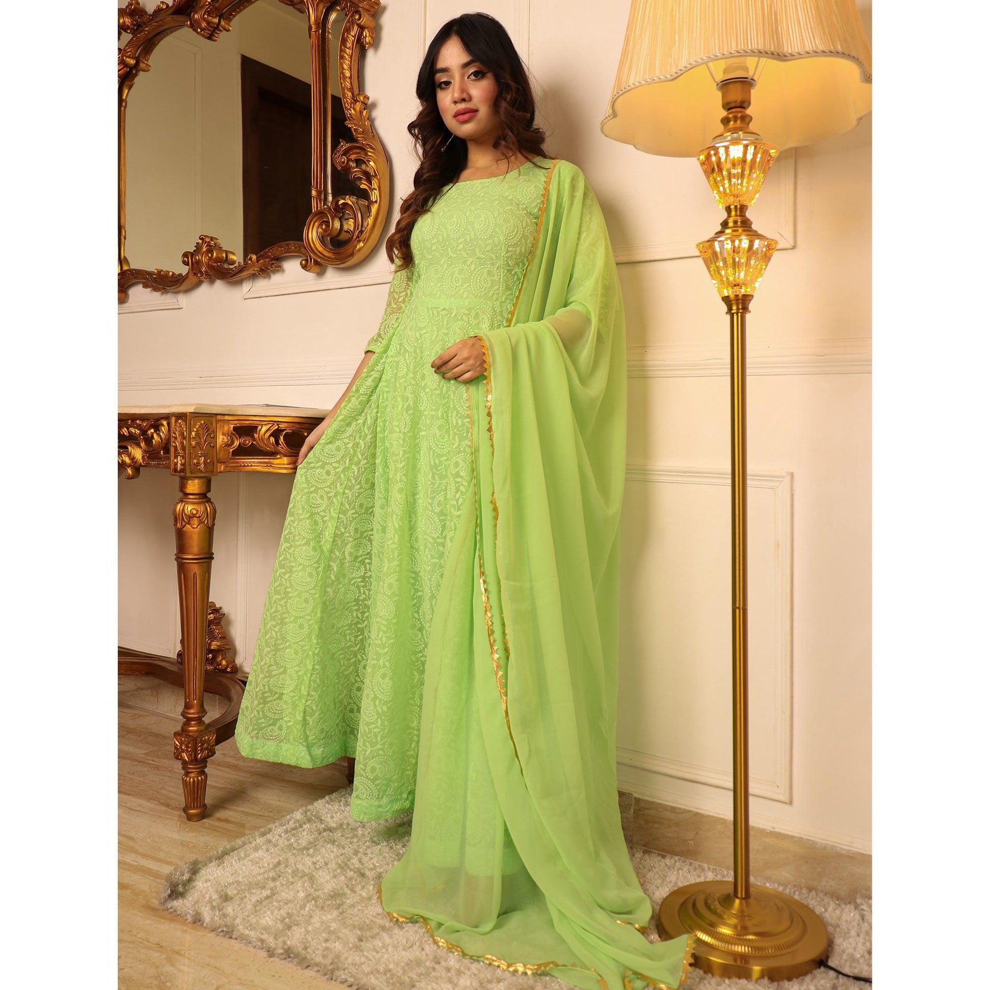 green-chikankari-work-georgette-gown-with-dupatta-144755