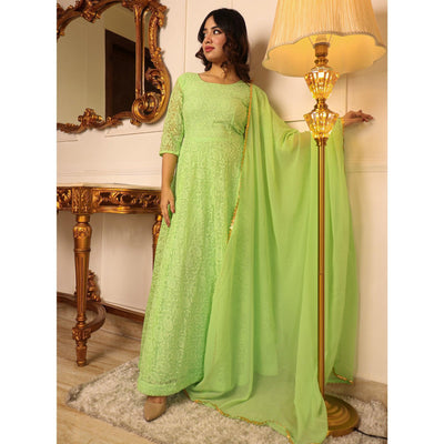 green-chikankari-work-georgette-gown-with-dupatta-144755
