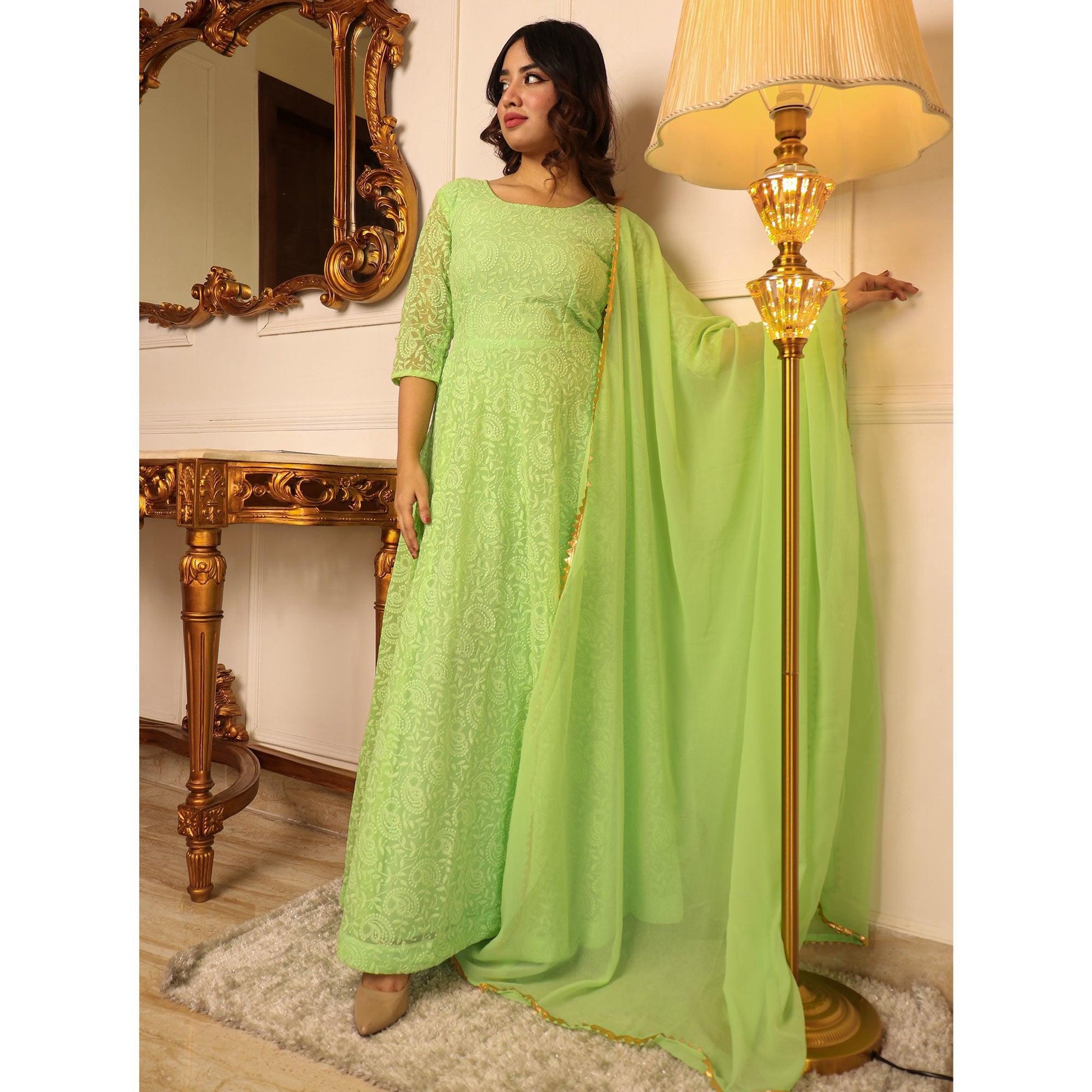 green-chikankari-work-georgette-gown-with-dupatta-144755