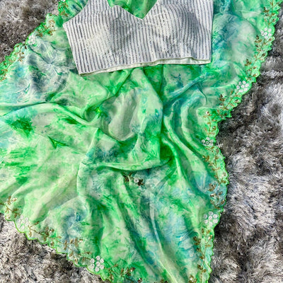 Green Color Kesar Organza Saree with Stunning Painted Prints & Handcrafted Embellishments