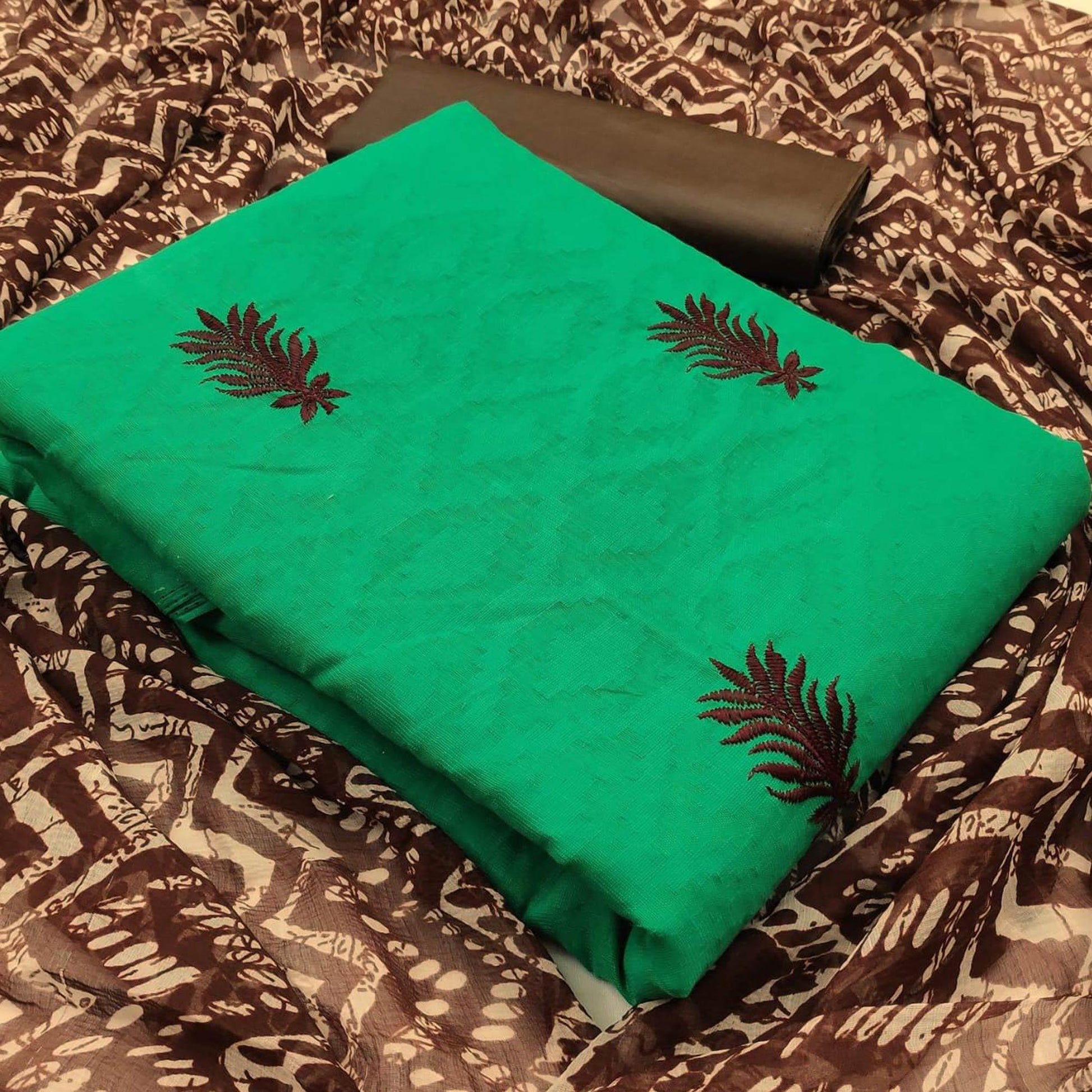 green-colored-embroidered-casual-wear-jacquard-suit