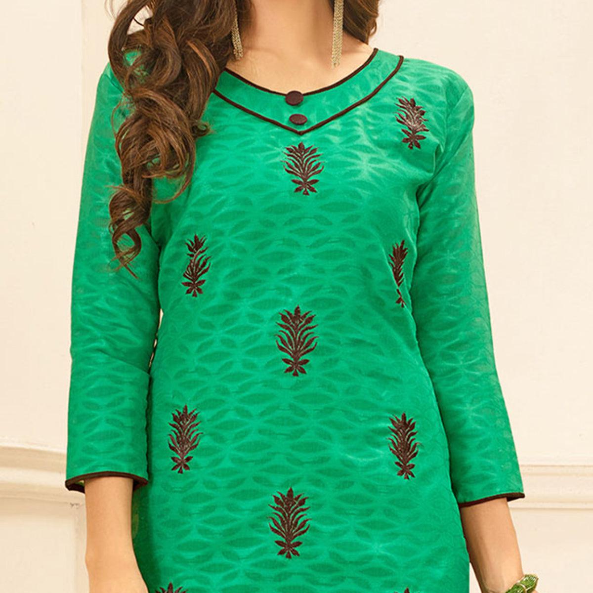 green-colored-embroidered-casual-wear-jacquard-suit