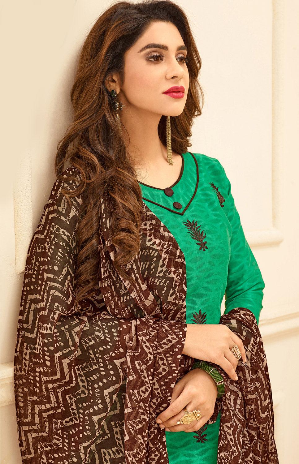 green-colored-embroidered-casual-wear-jacquard-suit