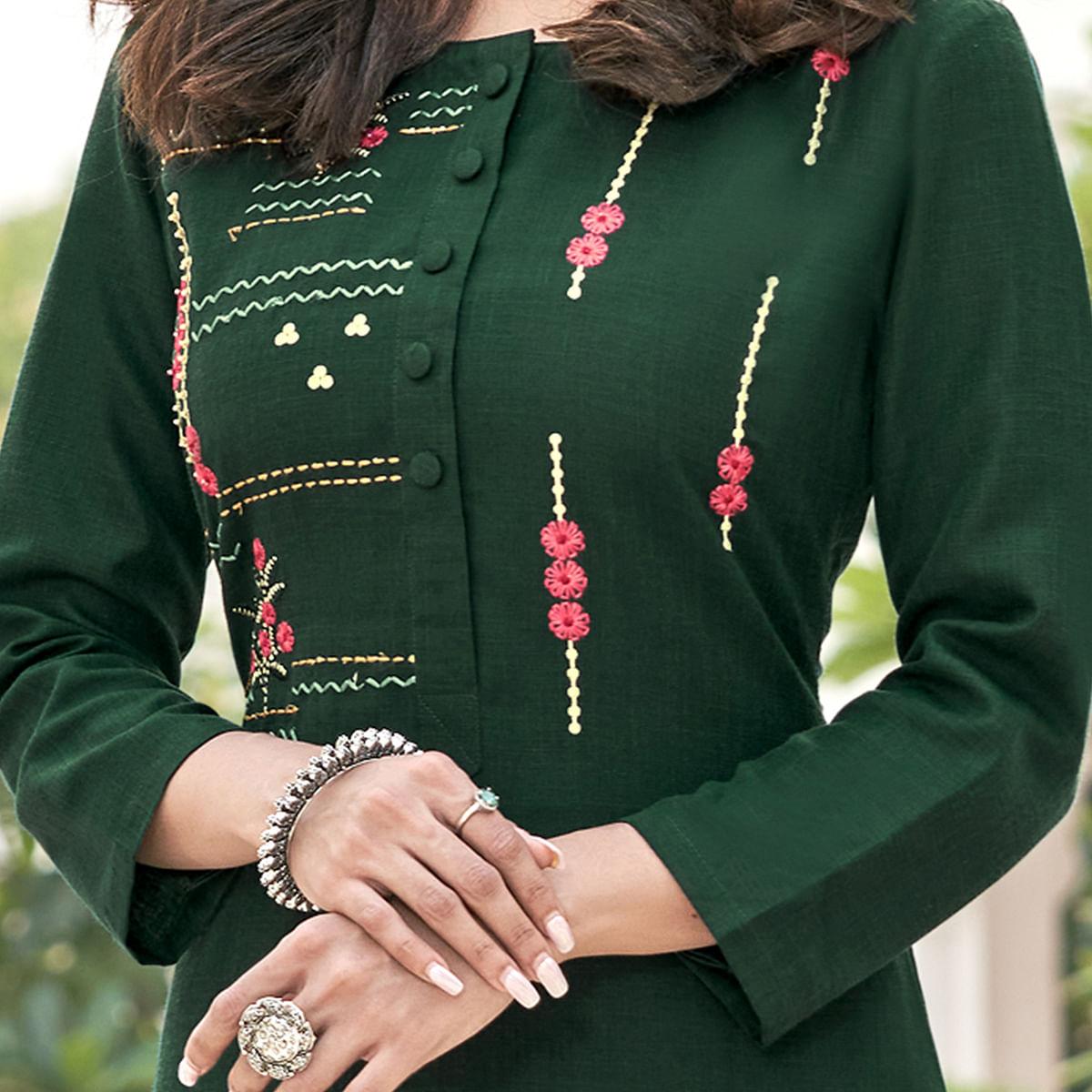 green-colored-partywear-embroidered-cotton-slub-kurti-palazzo-set