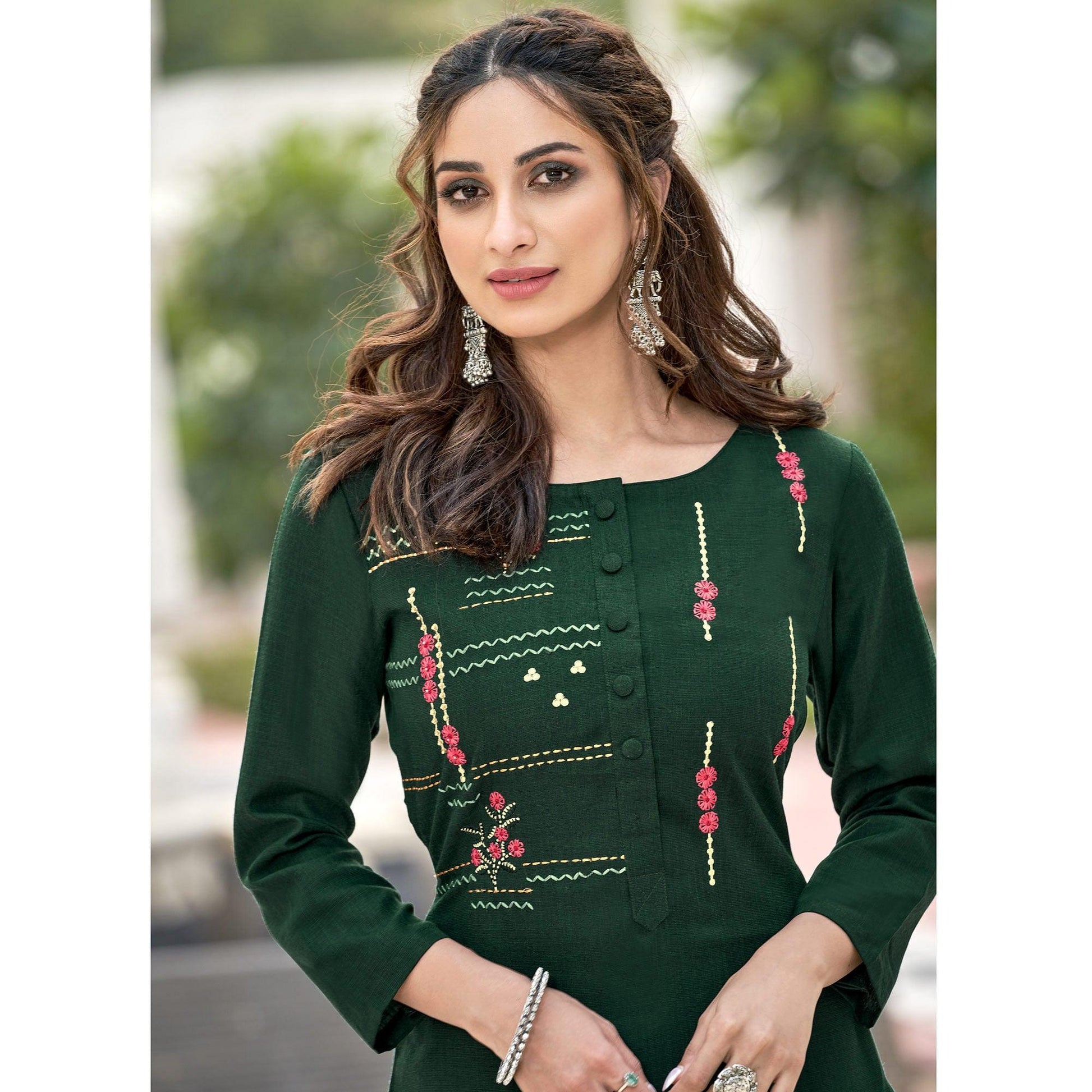 green-colored-partywear-embroidered-cotton-slub-kurti-palazzo-set