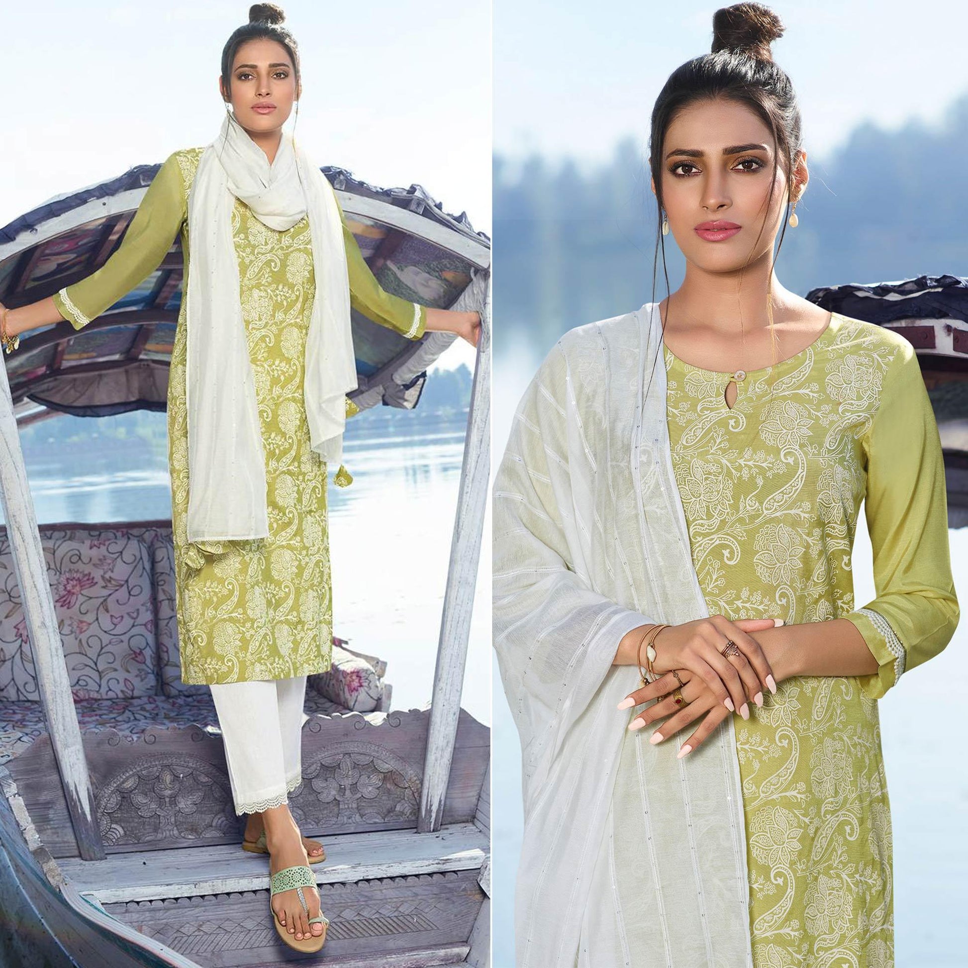 charming-green-colored-partywear-lakhnavi-printed-viscose-silk-kurti-pant-set-with-dupatta-98608