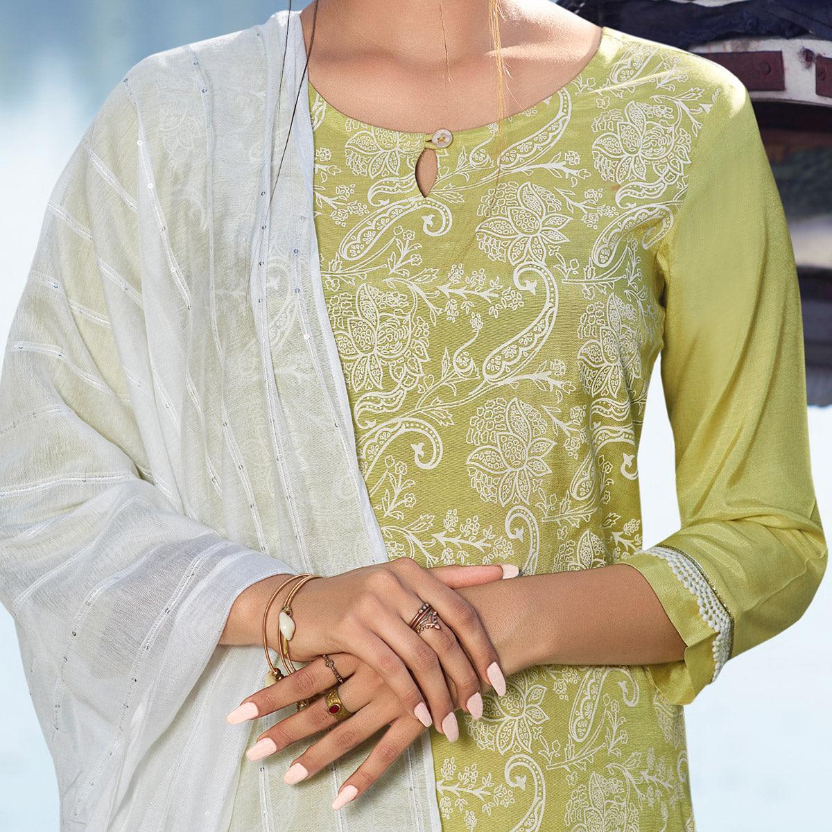 charming-green-colored-partywear-lakhnavi-printed-viscose-silk-kurti-pant-set-with-dupatta-98608