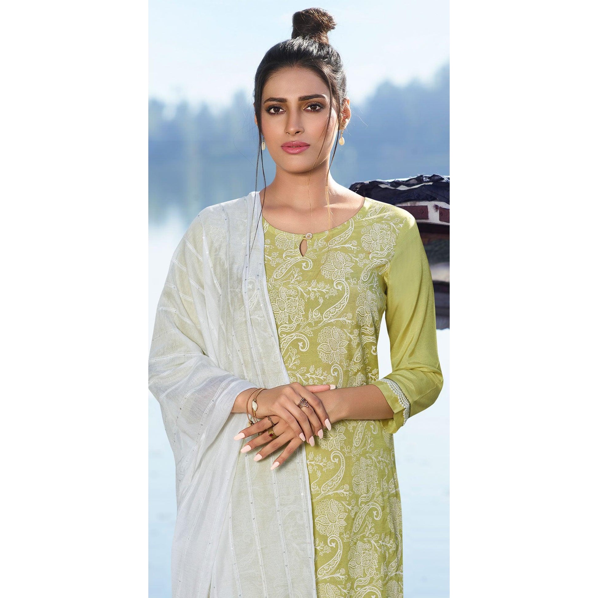 charming-green-colored-partywear-lakhnavi-printed-viscose-silk-kurti-pant-set-with-dupatta-98608