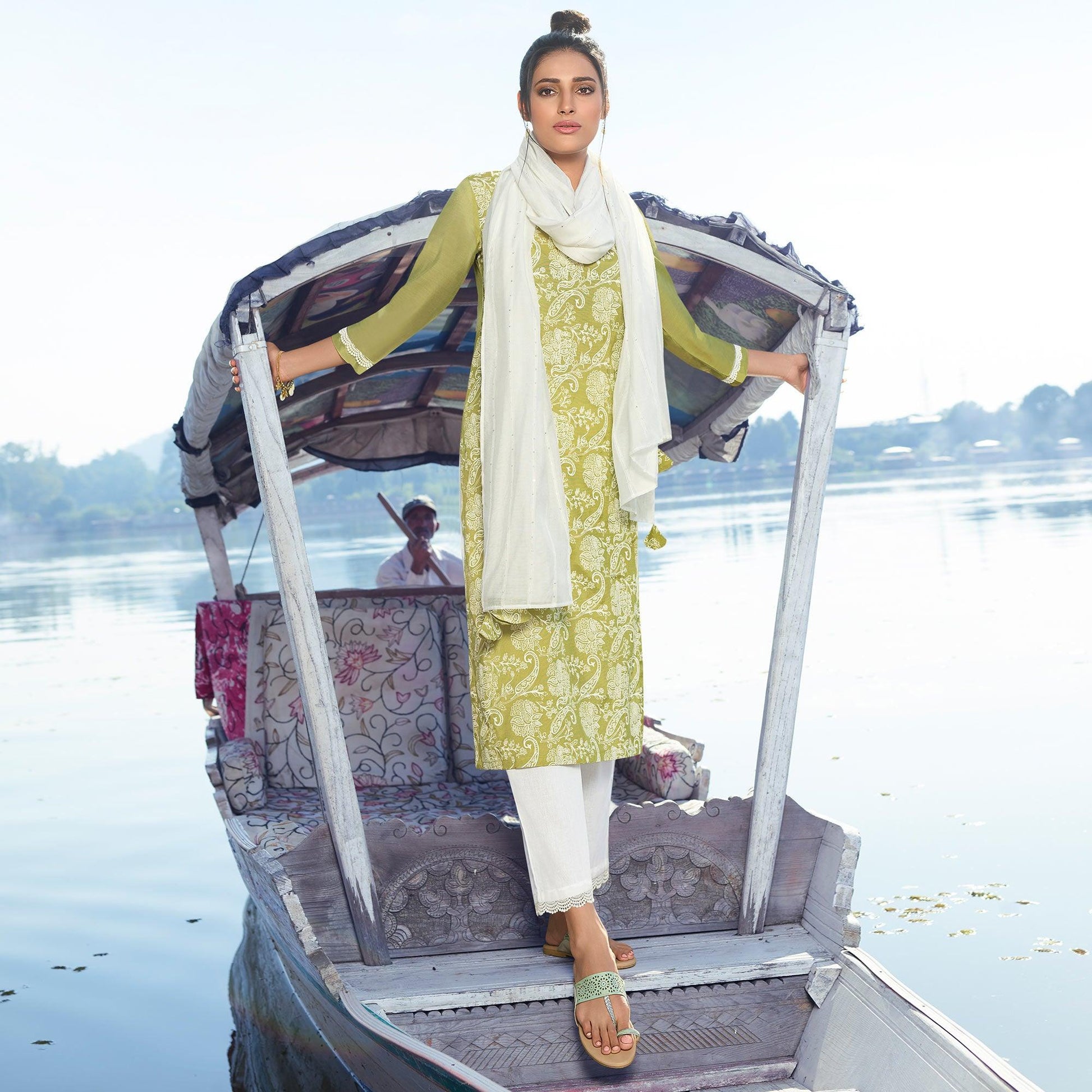 charming-green-colored-partywear-lakhnavi-printed-viscose-silk-kurti-pant-set-with-dupatta-98608