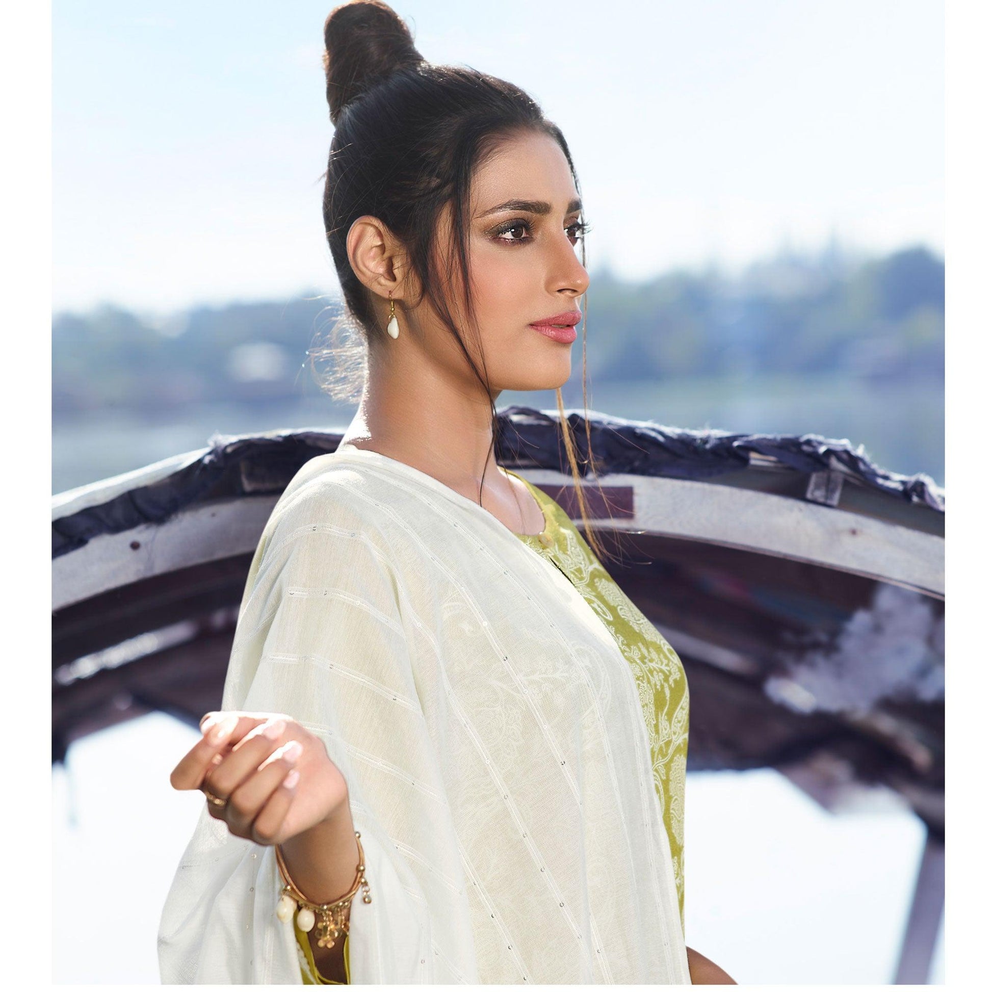 charming-green-colored-partywear-lakhnavi-printed-viscose-silk-kurti-pant-set-with-dupatta-98608