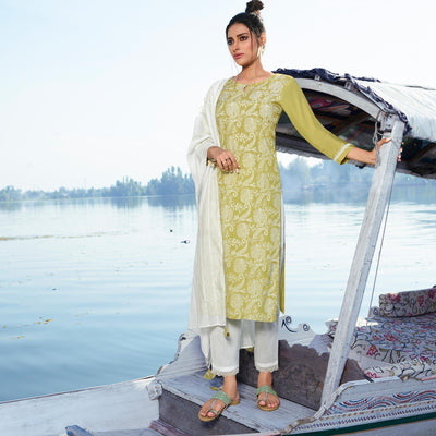 charming-green-colored-partywear-lakhnavi-printed-viscose-silk-kurti-pant-set-with-dupatta-98608