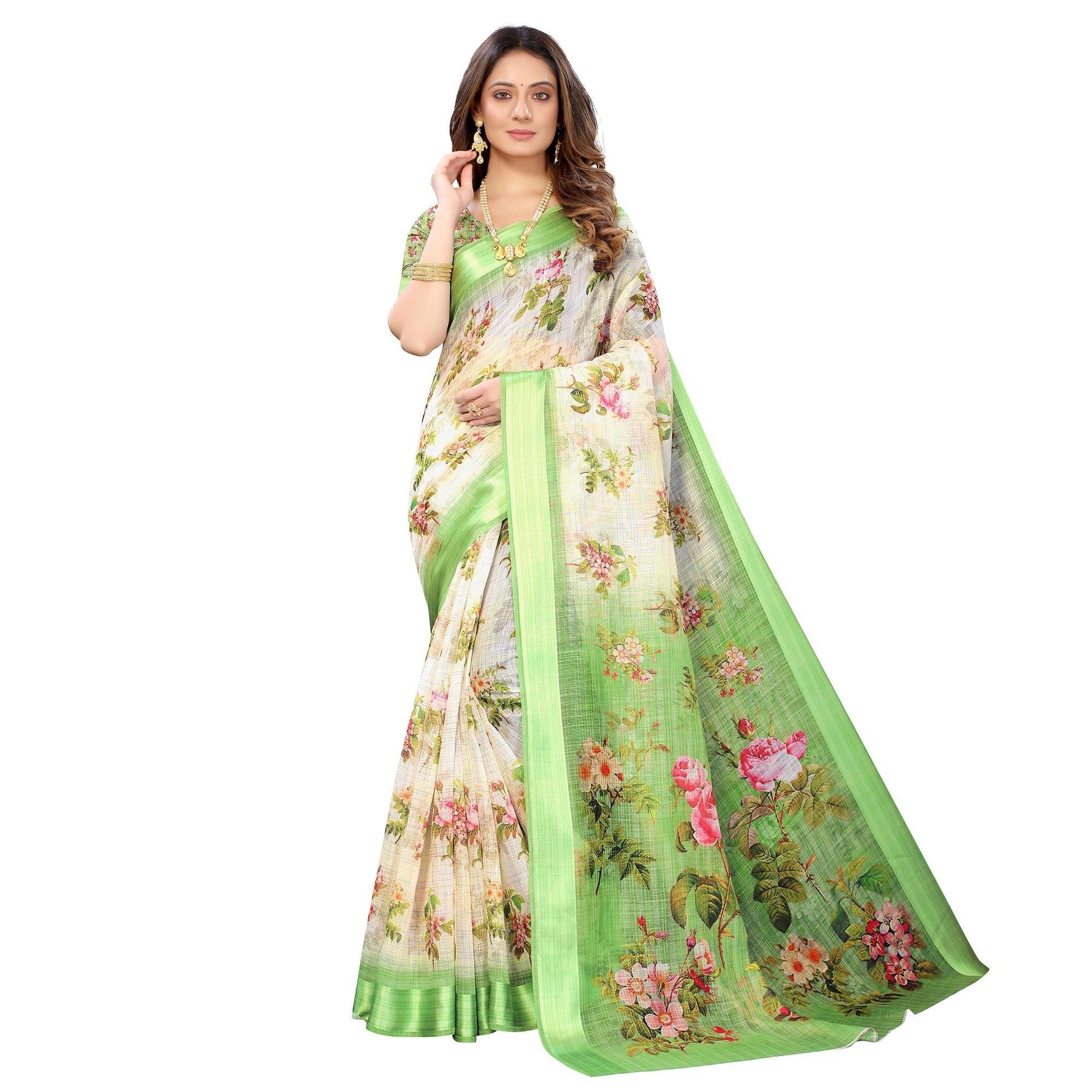 green-cream-casual-wear-floral-digital-printed-linen-slub-saree-117894