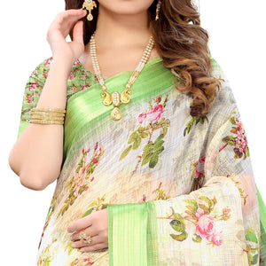 green-cream-casual-wear-floral-digital-printed-linen-slub-saree-117894