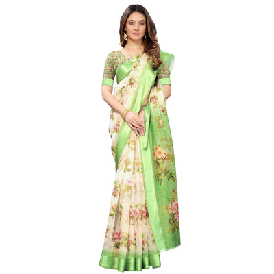 green-cream-casual-wear-floral-digital-printed-linen-slub-saree-117894