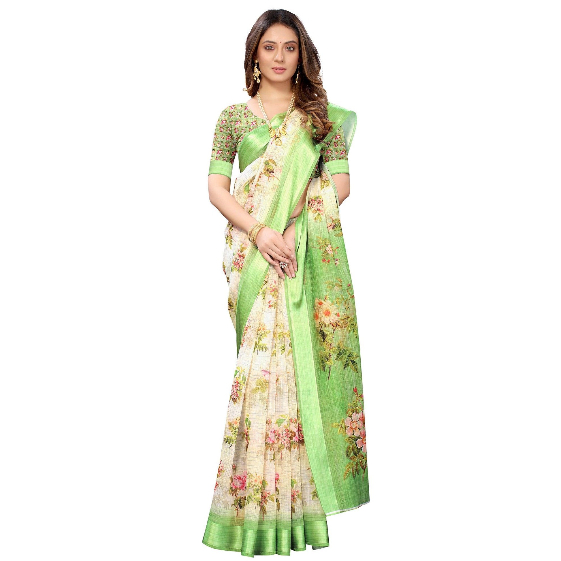 green-cream-casual-wear-floral-digital-printed-linen-slub-saree-117894