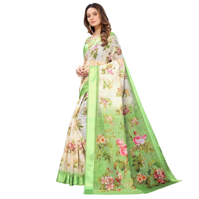 green-cream-casual-wear-floral-digital-printed-linen-slub-saree-117894