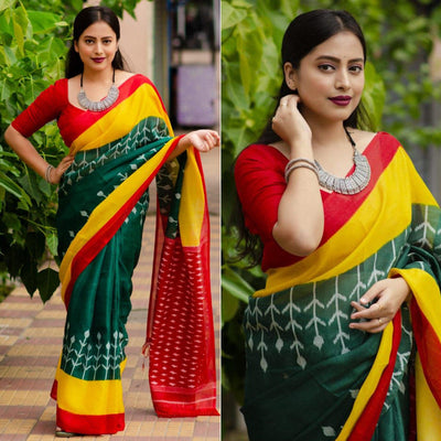 green-digital-ikkat-printed-linen-saree