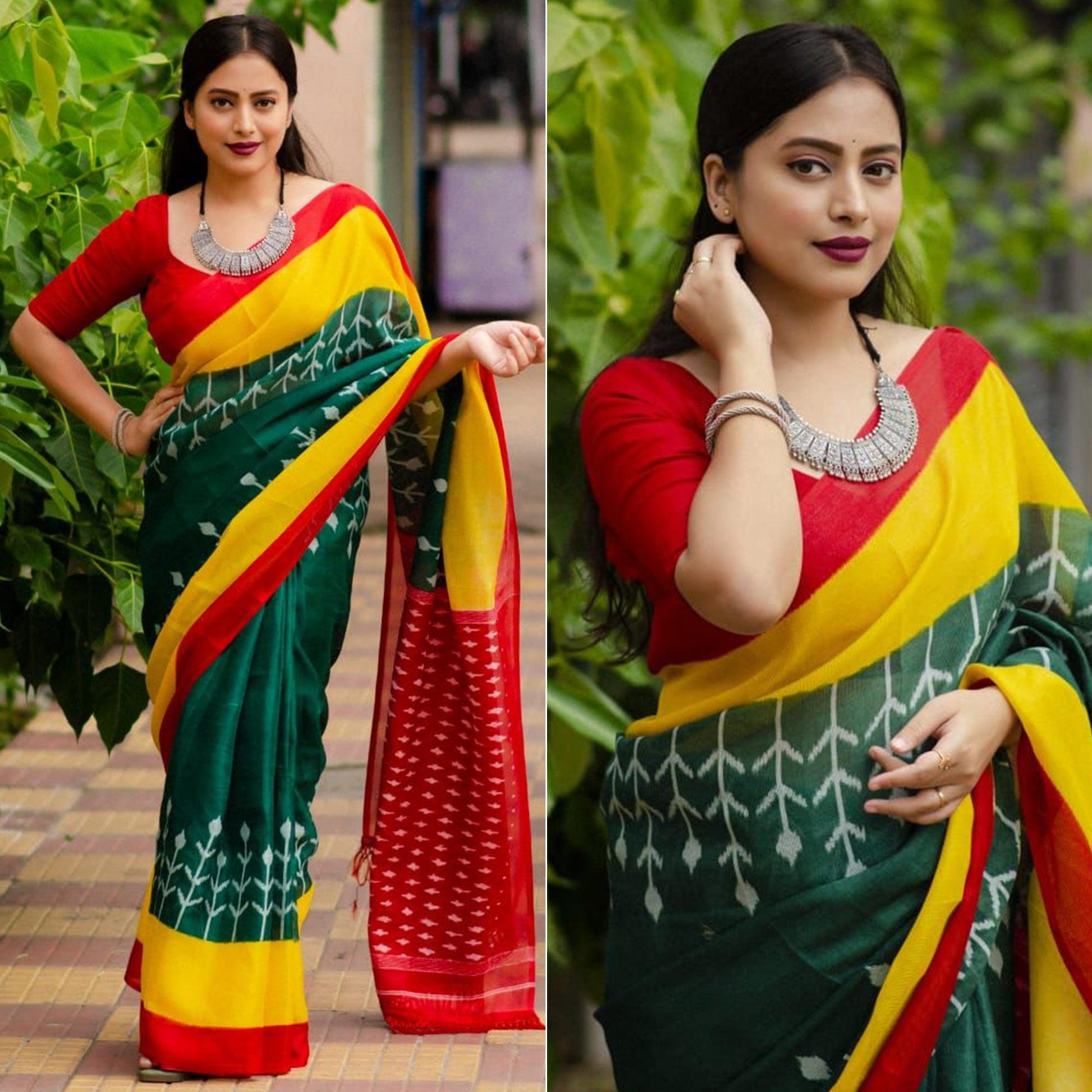green-digital-ikkat-printed-linen-saree