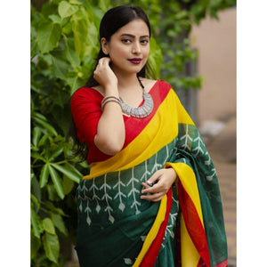green-digital-ikkat-printed-linen-saree