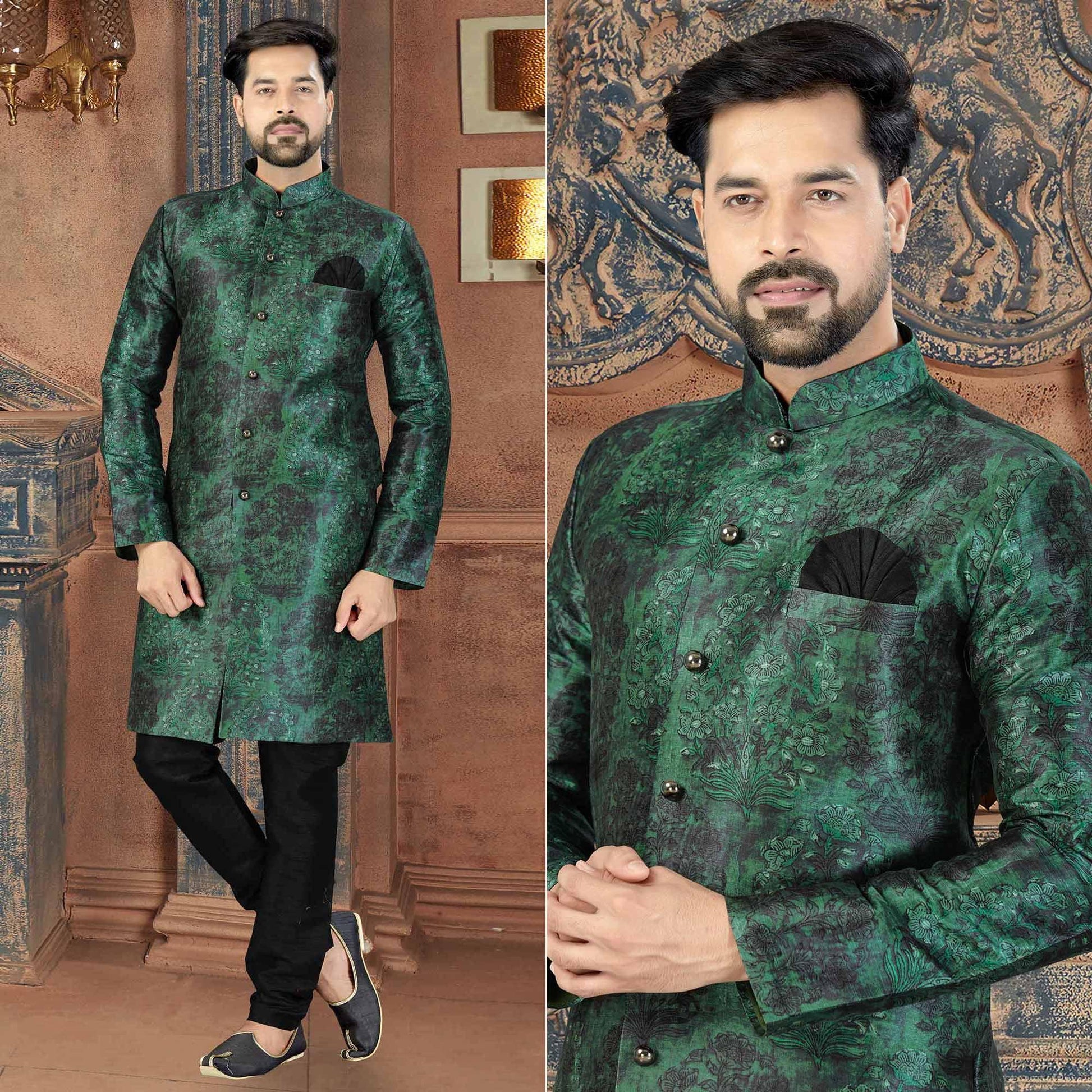 green-digital-printed-silk-mens-kurta-pyjama-set