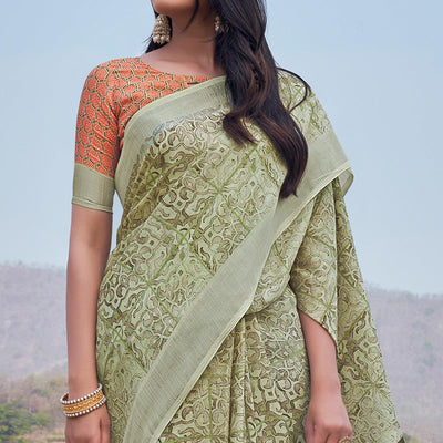 green-digital-printed-linen-saree