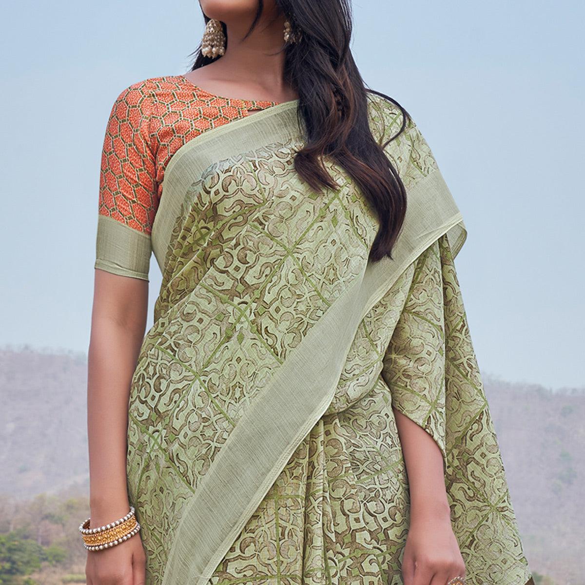 green-digital-printed-linen-saree