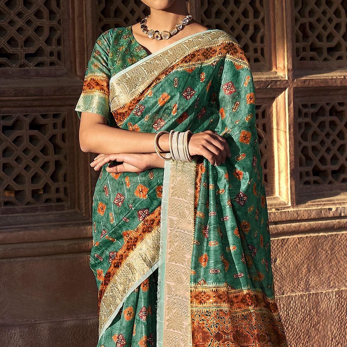 green-digital-printed-linen-saree-144881