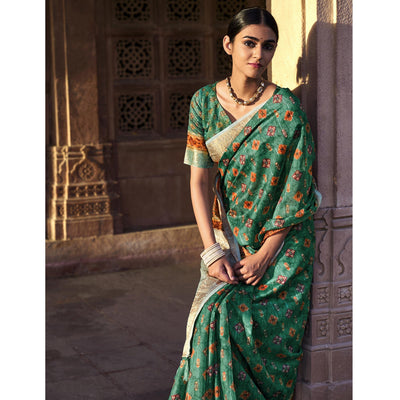green-digital-printed-linen-saree-144881