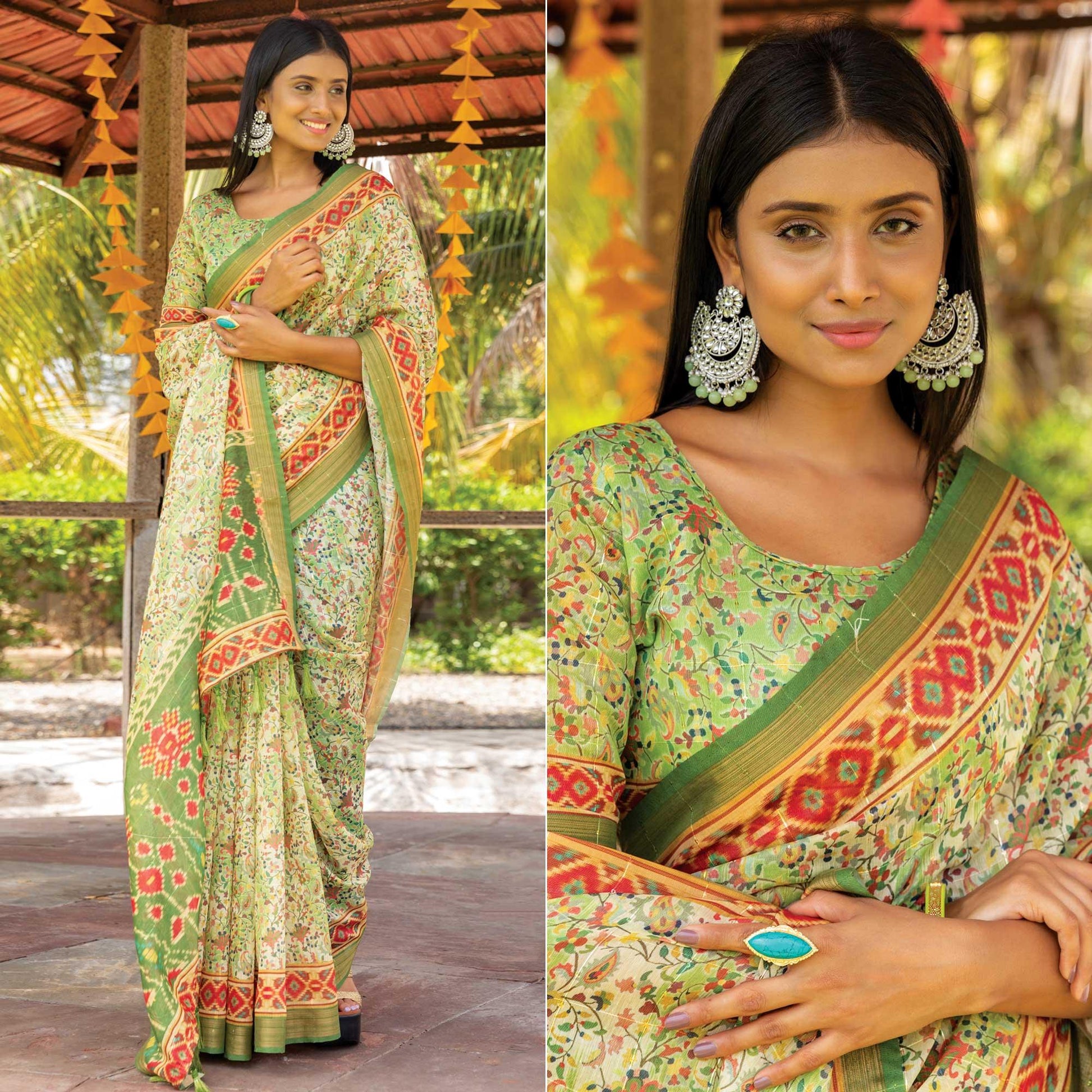 green-digital-printed-linen-saree-with-tassels