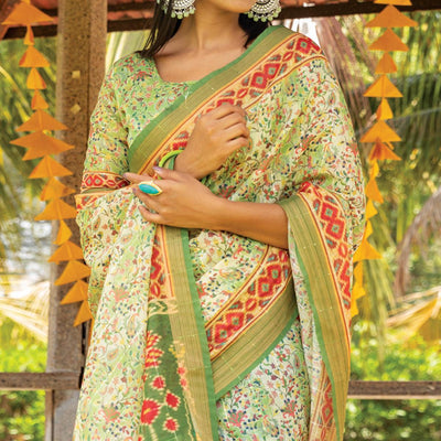 green-digital-printed-linen-saree-with-tassels