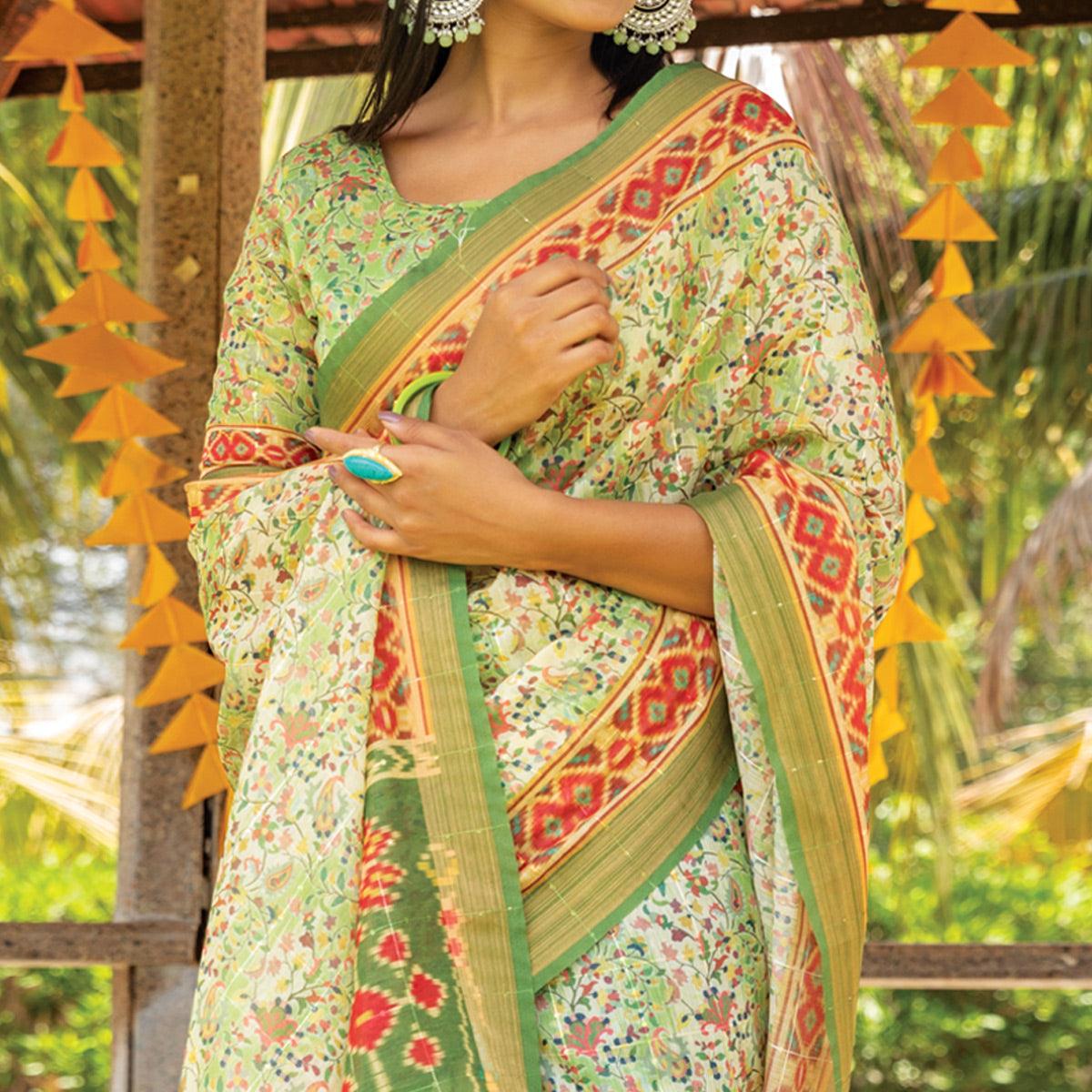 green-digital-printed-linen-saree-with-tassels