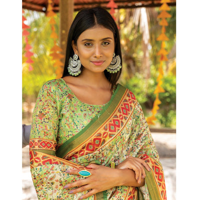 green-digital-printed-linen-saree-with-tassels
