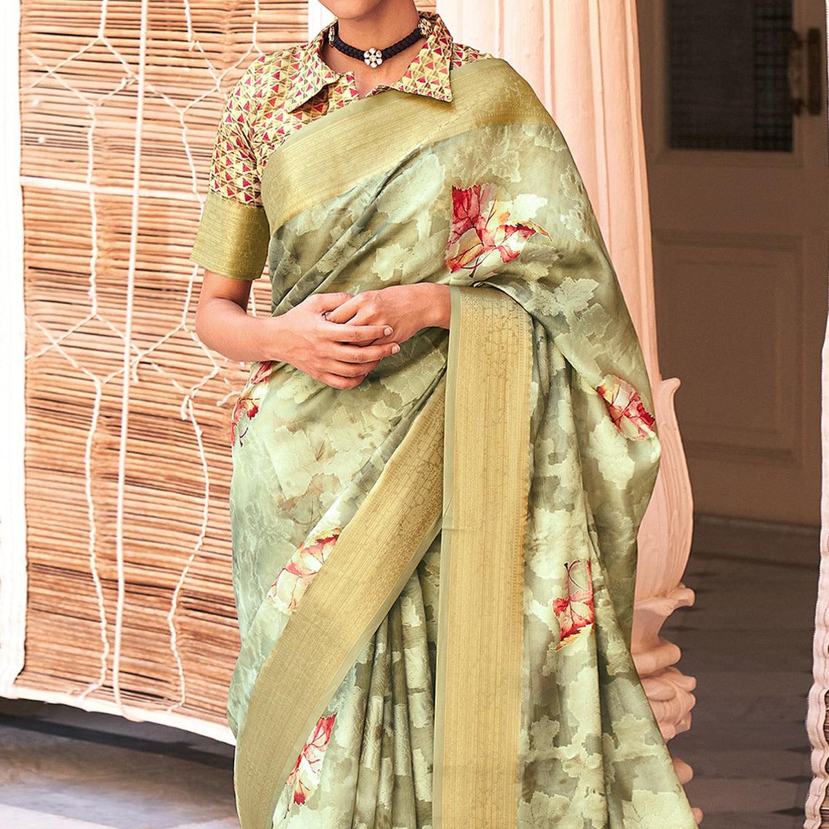 green-digital-printed-poly-cotton-saree