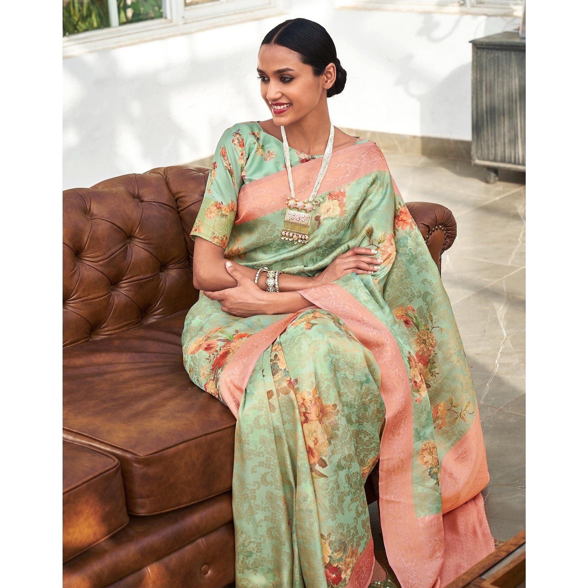 green-digital-printed-pure-silk-saree-with-tassels-144073