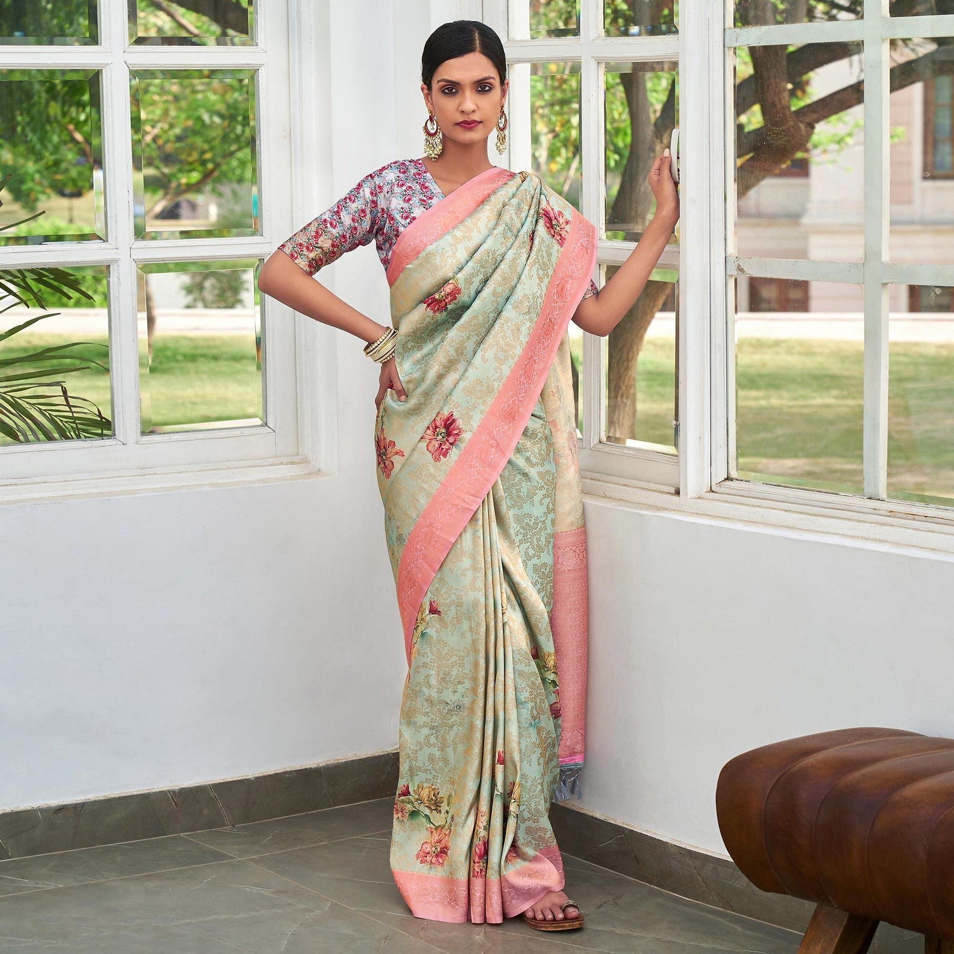 green-digital-printed-pure-silk-saree-with-tassels-144076